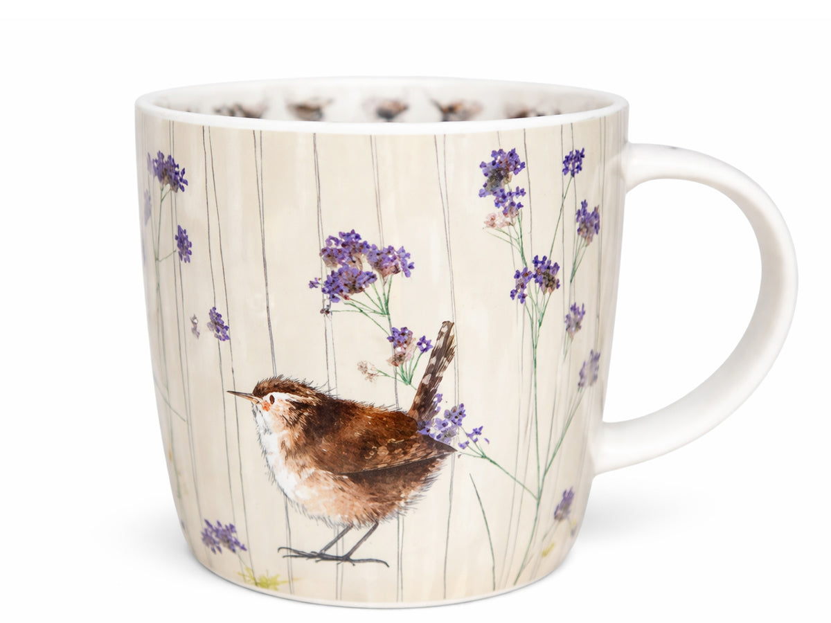 Alex Clark Wren & Verbena mug with a wren among purple verbena flowers on a cream striped background