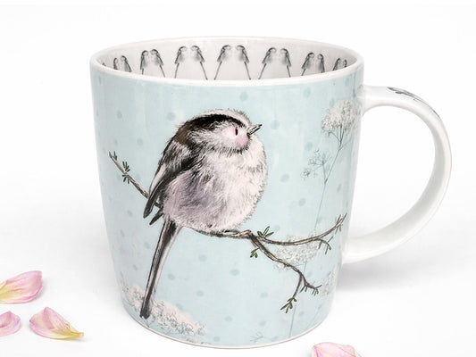 Alex Clark Long Tailed Tit Bird mug with a fluffy long-tailed tit on a branch against a pale blue background