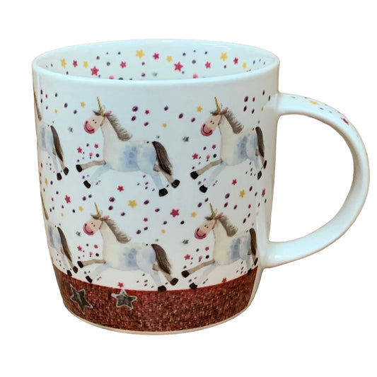 This Alex Clark mug features a delightful illustration of unicorns joyfully running after each other. Additionally, the mug boasts illustrations around the inside rim and down the handle, 