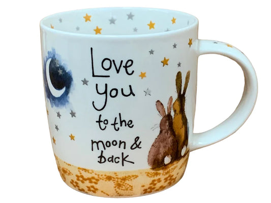 This Alex Clark mug features two lovely bunnies gazing at the night sky, accompanied by the endearing phrase "Love you to the moon & back." Additionally, the mug includes star illustrations around the inside rim and down the handle, adding to its enchanting appeal.