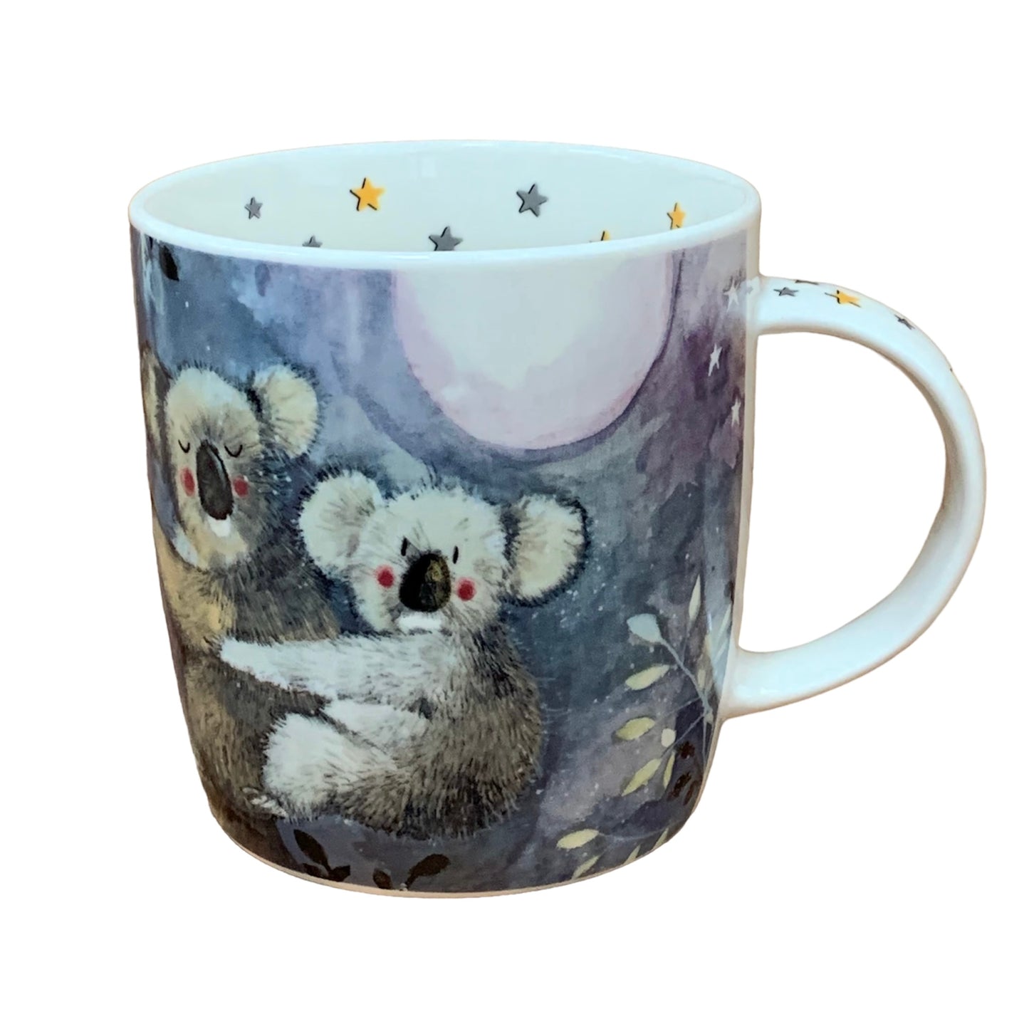 This Alex Clark mug features an illustration of a mother and baby koalas in their natural habitat. Additionally, the mug is embellished with star illustrations around the inside rim and down the handle, enhancing its whimsical charm.