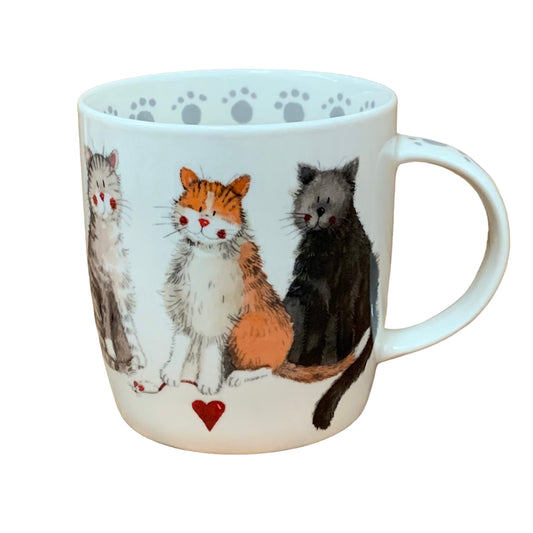 The Alex Clark mug is adorned with an array of mischievous-looking furry cats in its illustration. Adding to its charm, the mug features cat paw illustrations around the inside rim and down the handle.