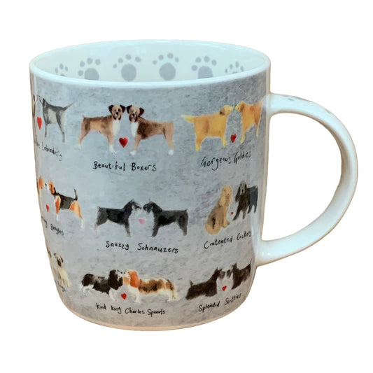 The Alex Clark mug features pairs of assorted dog breeds who share love for each other in its illustration. Additionally, the mug includes dog paw illustrations around the inside rim and down the handle, adding to its charming appeal