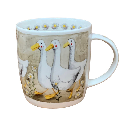 The Alex Clark mug depicts three geese named Dillard, Dudley, and Bill engaged in gossip in their meadow of flowers. Adding to its charm, the mug features flower illustrations around the inside rim and down the handle.