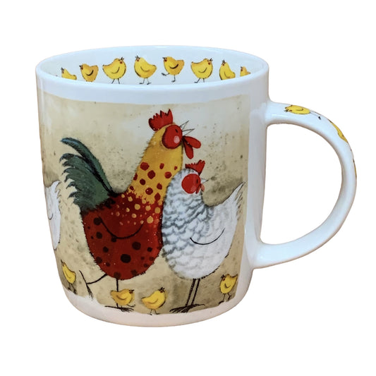 The Alex Clark mug features a chicken named Rose and a cockerel named Rodney, along with their little chicks in their pen. Complementing its design, the mug includes little chick illustrations around the inside rim and down the handle.