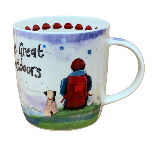 The Alex Clark mug depicts a dog and its owner sitting and admiring the view, with the words "The Great Outdoors" on the top. Adding to its charm, the mug features a red hats illustration around the inside rim and illustrations down the handle.