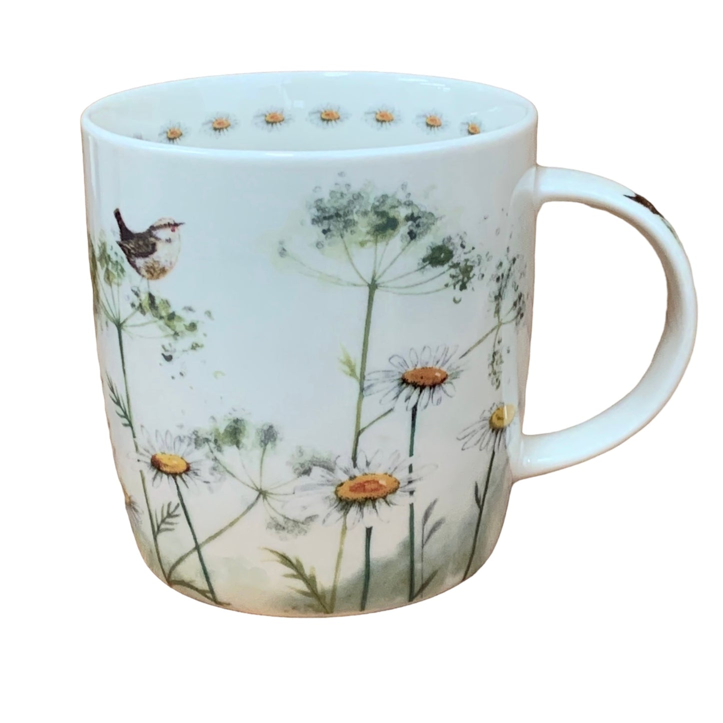 The Alex Clark mug is adorned with an illustration of a meadow featuring white cow parsley flowers and a little bird. Adding to its charm, the mug features a flower illustration around the inside rim and illustrations down the handle.