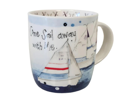Alex Clark Sailing Boats mug with blue sailboat artwork, Come Sail away with Me caption and anchor motif