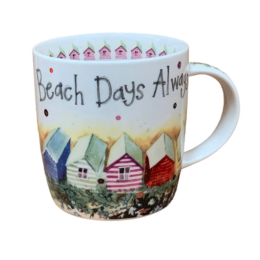 The Alex Clark mug showcases a delightful array of colorful beach huts and the words "Beach Days Always" along the top. Enhancing its design, the mug includes beach hut illustrations around the inside rim and illustrations down the handle.