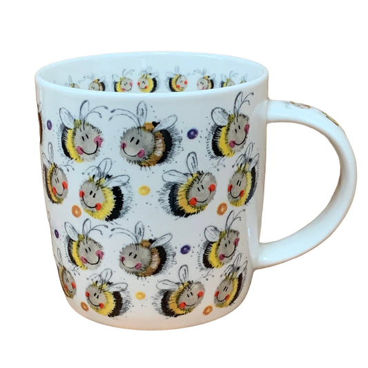The Alex Clark mug is adorned with numerous lovely and cheerful bumblebees all over it. Adding to its charm, the mug features a bee illustration around the inside rim and illustrations down the handle.