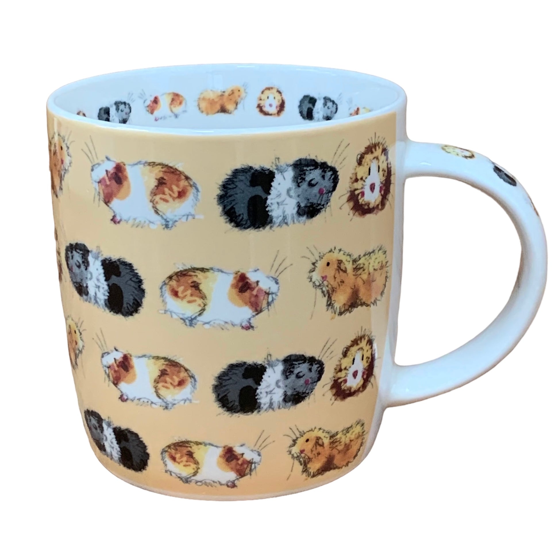 The Alex Clark mug is adorned with numerous delightful and cheerful guinea pigs all over it. Adding to its charm, the mug features an illustration around the inside rim and illustrations down the handle.