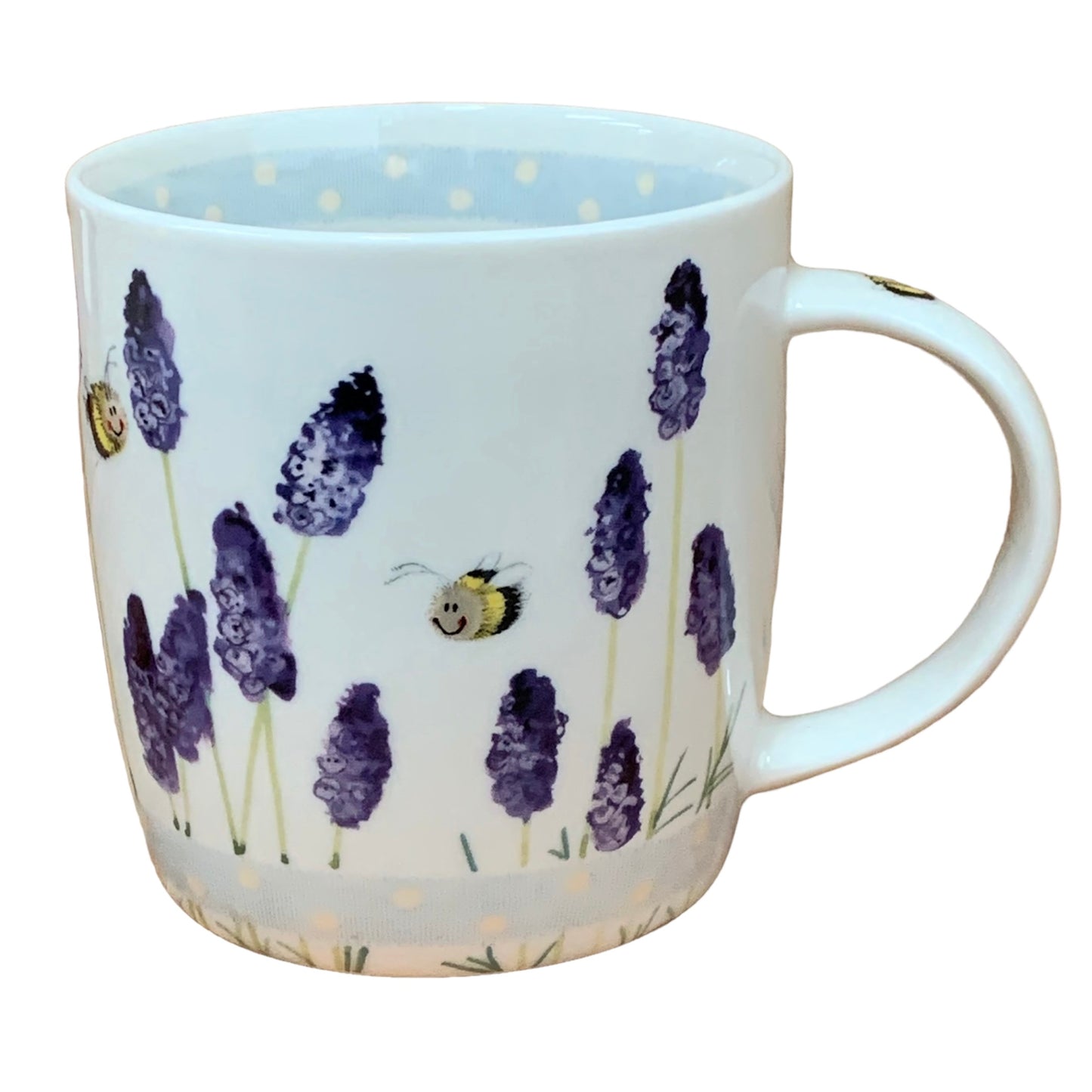 The Alex Clark mug showcases delightful bumblebees hovering over lavender flowers in its illustration. Adding to its charm, the mug includes an illustration around the inside rim and illustrations down the handle.