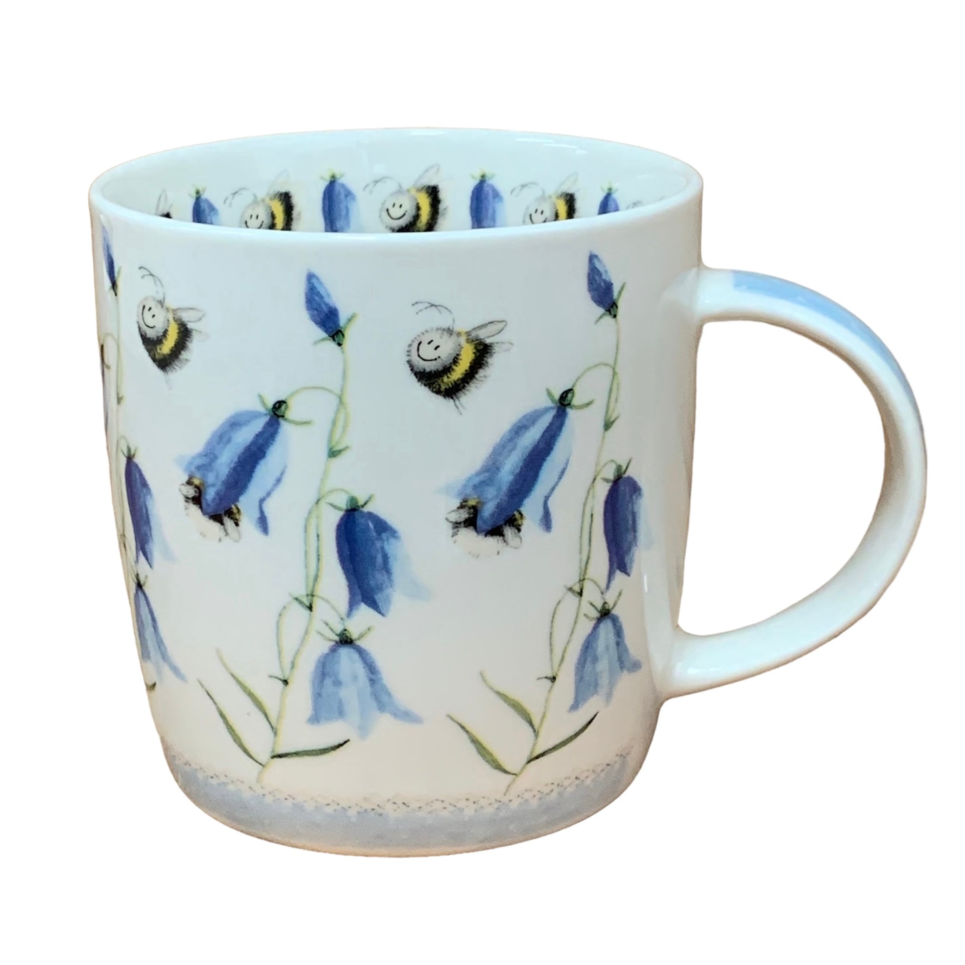 The Alex Clark mug showcases delightful bumblebees hovering over lavender flowers in its illustration. Adding to its charm, the mug includes an illustration around the inside rim and illustrations down the handle.