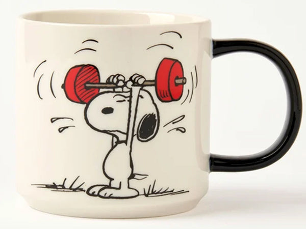 Snoopy mug with blacck handle and doing his work out lifting weights on a bar