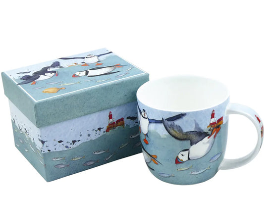 Designed by Emma for her Puffins Collection, these Fine Bone China mugs are elegantly presented in a striking gift box, making them an impeccable gift for a cherished individual.