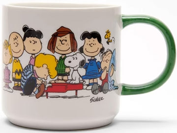  Picture playful tunes drifting from Schroeder's red toy piano as Charlie Brown, Woodstock, Lucy Van Pelt, and the rest of the crew gather in a heartwarming family huddle. Flip the mug, and you'll find Snoopy peacefully napping on his red home with Woodstock perched on his belly.