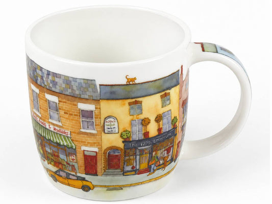 Emma Ball Mug of shops in Market Street on a white fine bone china mug