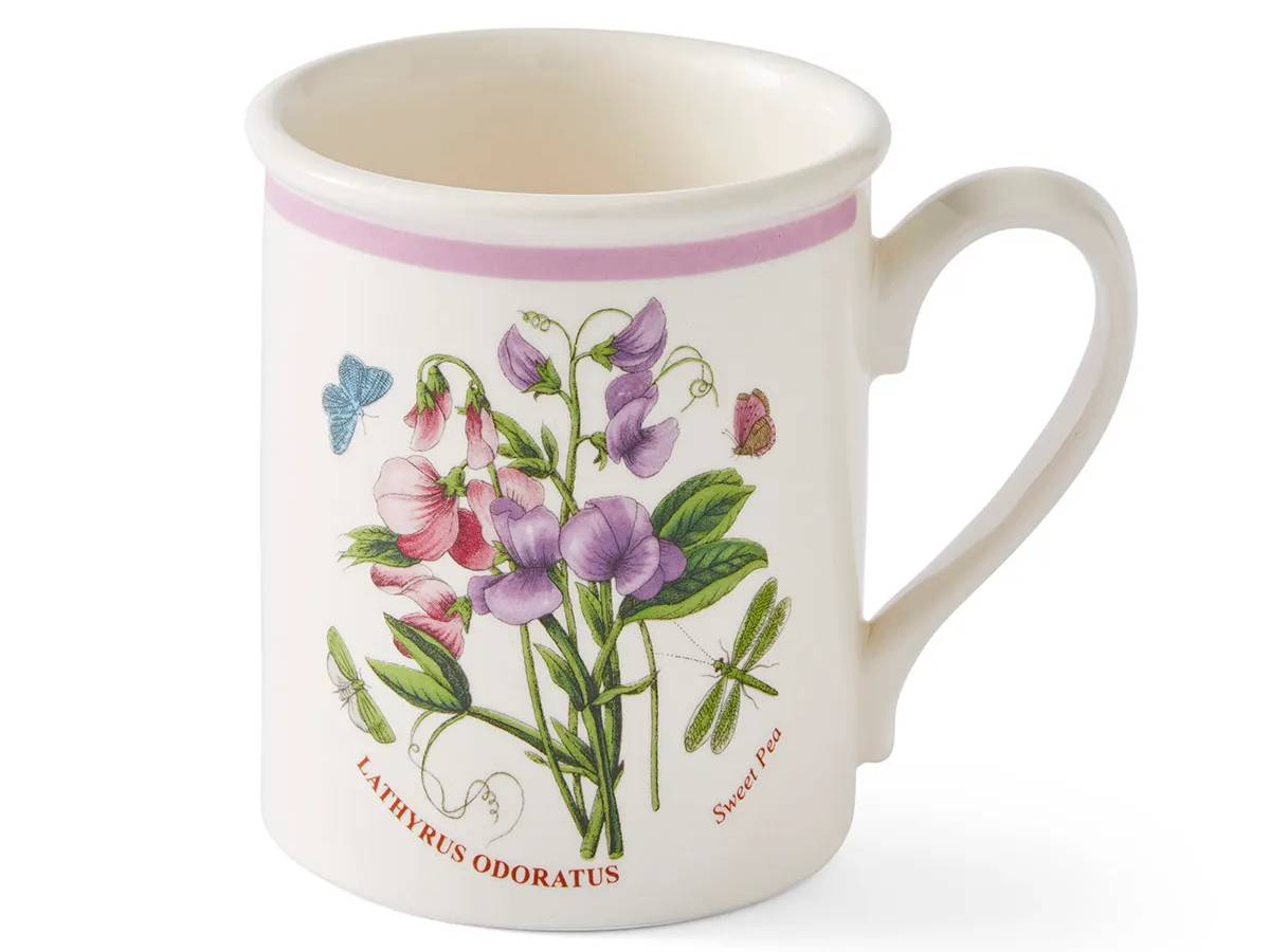 Portmeirion Botanic Garden Sweet Pea Breakfast Mug with pink and purple sweet pea flowers.