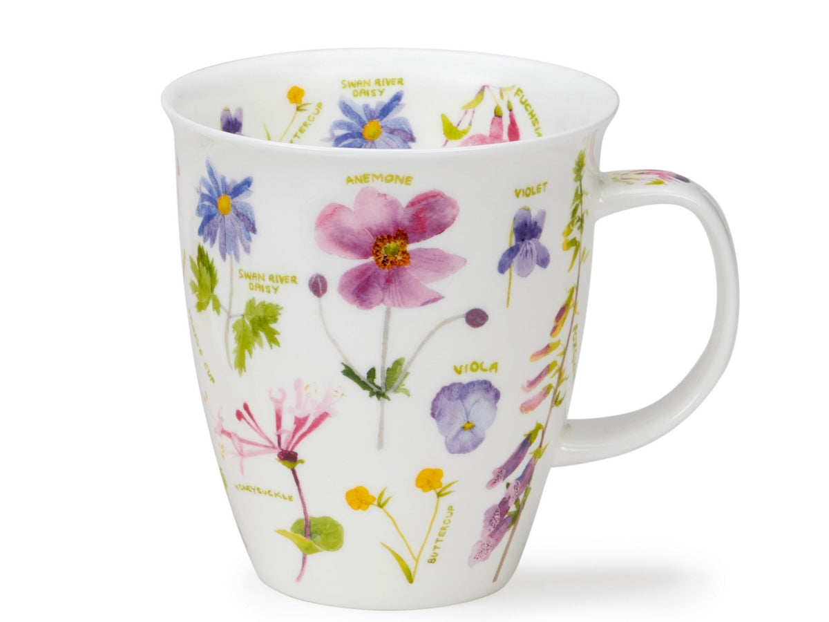 Dunoon Nevis Flower Journal Pink fine bone china mug with delicate pink and blue botanical flowers