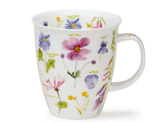 Dunoon Nevis Flower Journal Pink fine bone china mug with delicate pink and blue botanical flowers