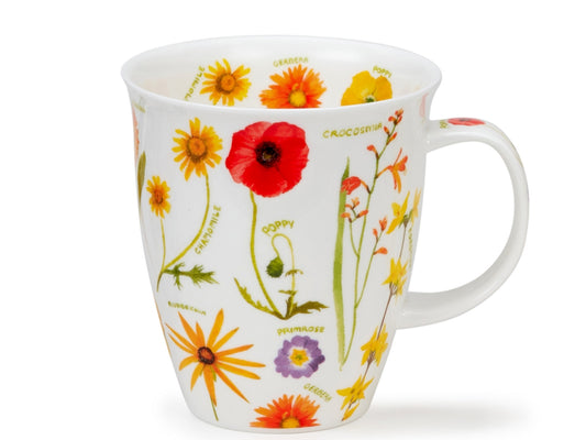 Dunoon Nevis Flower Journal Red fine bone china mug with delicate red and orange botanical flowers