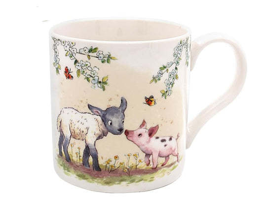 Lesser & Pavey ceramic mug showing a tender lamb and playful piglet illustration, crafted from fine quality china, perfect for farm animal lovers and gift giving.