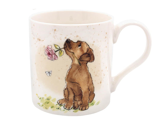 Paper Shed Dog with Rose Mug by Lesser & Pavey showing a gentle dog holding a single rose, made from high-quality china, perfect for dog lovers and thoughtful gifts