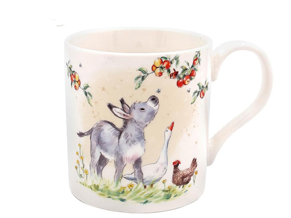 Lesser & Pavey ceramic mug showing a donkey and goose sharing a tender moment, crafted from fine quality china, ideal for animal lovers and countryside enthusiasts.