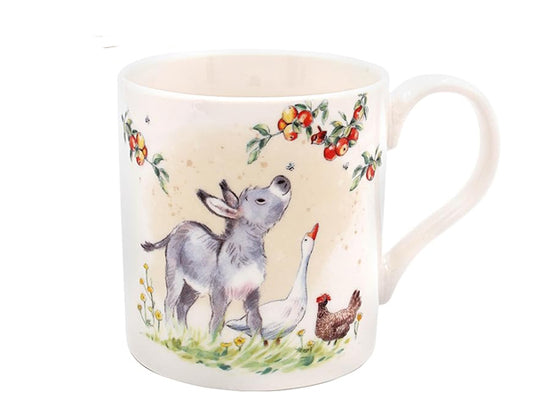 Lesser & Pavey ceramic mug showing a donkey and goose sharing a tender moment, crafted from fine quality china, ideal for animal lovers and countryside enthusiasts.