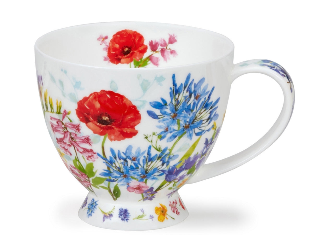 Dunoon Skye Bella Fiore fine bone china mug with red poppies and blue blossoms in a bold floral design