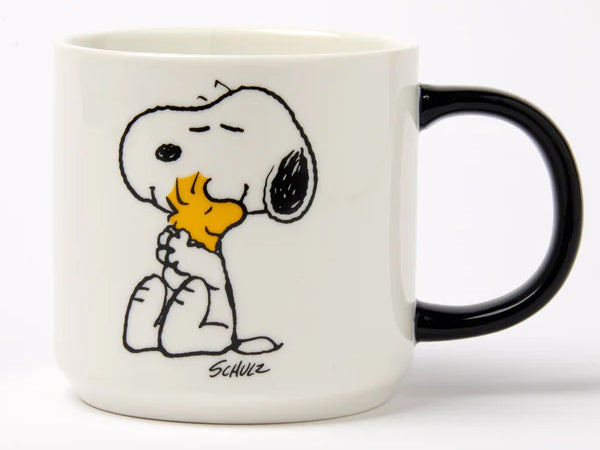 Magpie x Peanuts Love mug featuring Snoopy hugging Woodstock, white vegan fine china mug with black handle