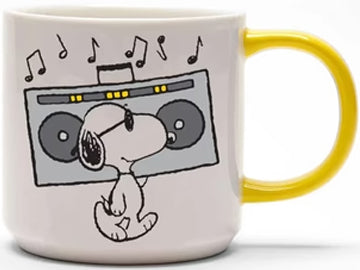 Begin your mornings on a high note with this Magpie x Peanuts mug collaboration. This charming mug features the beloved Snoopy jamming to tunes on a massive boombox. Flip it around, and bold black lettering proudly states 'Music is Life,' complemented by a cheerful sunshine yellow handle.