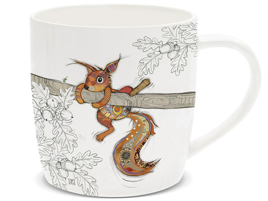 Bug Art Mug illustrated with aBrown Squirrel hanging off a branch