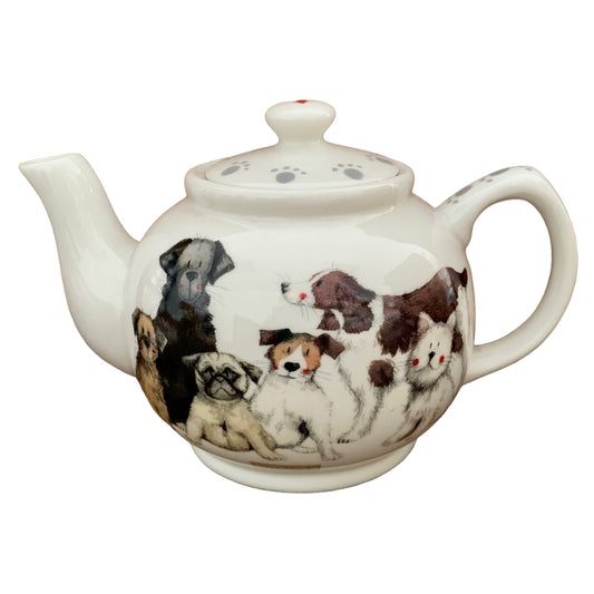 The Alex Clark teapot exudes adorableness with its illustration featuring lovely variations of beautiful dogs. Additionally, within the same illustration, there's a matching tea bag tidy and mugs adorned with the same charming imagery.