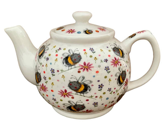 A white ceramic teapot decorated with a pattern of bumblebees and small colorful flowers, shown against a plain white background.