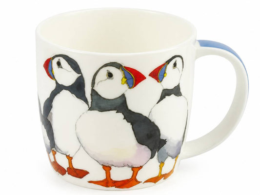 A white ceramic mug featuring a painted illustration of three puffins with colorful beaks and orange feet, set against a plain white background.