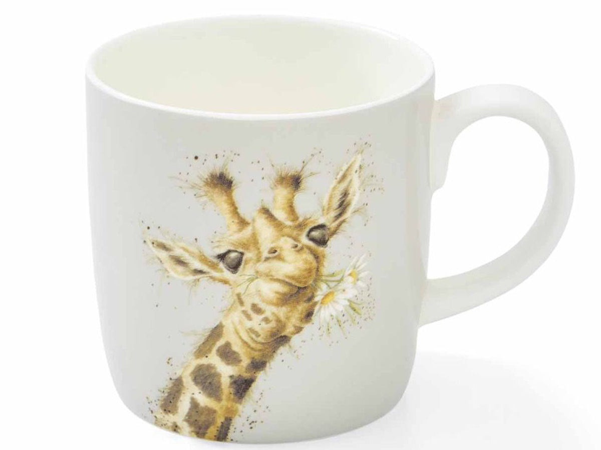 A white ceramic mug featuring a watercolor-style illustration of a giraffe eating a dandelion, set against a plain white background.
