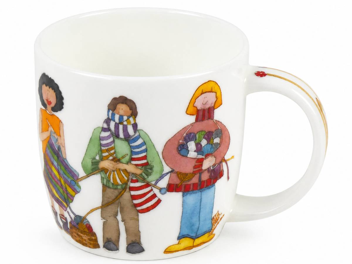 A white ceramic coffee mug featuring a colorful illustration of three stylized people holding scarves and a bouquet, shown against a plain white background.