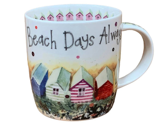 The Alex Clark mug showcases a delightful array of colorful beach huts and the words "Beach Days Always" along the top. Enhancing its design, the mug includes beach hut illustrations around the inside rim and illustrations down the handle.