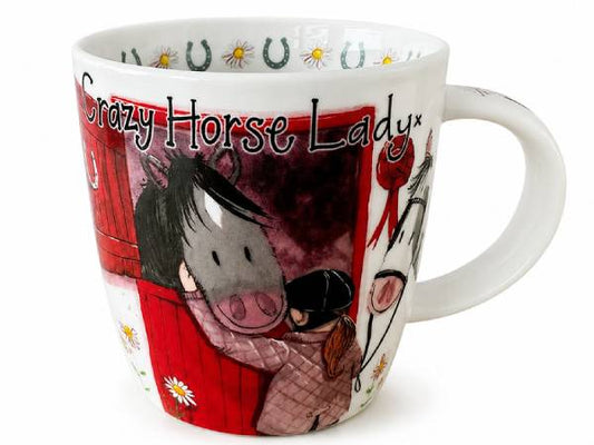 Alex Clark Vegan china mug showing a joyful horse lover embracing her pony, decorated with playful horseshoes and daisies on the rim and handle.