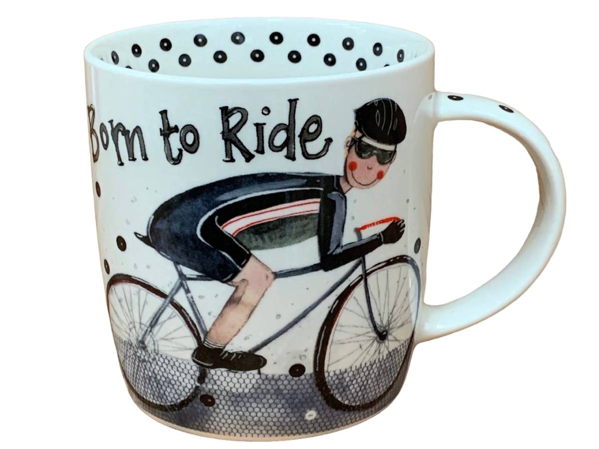 The Alex Clark mug features an illustration of a bike rider on a racer cycle bike with the words "born to ride" on the top. Adding to its design, the mug includes a black dot illustration around the inside rim and down the handle