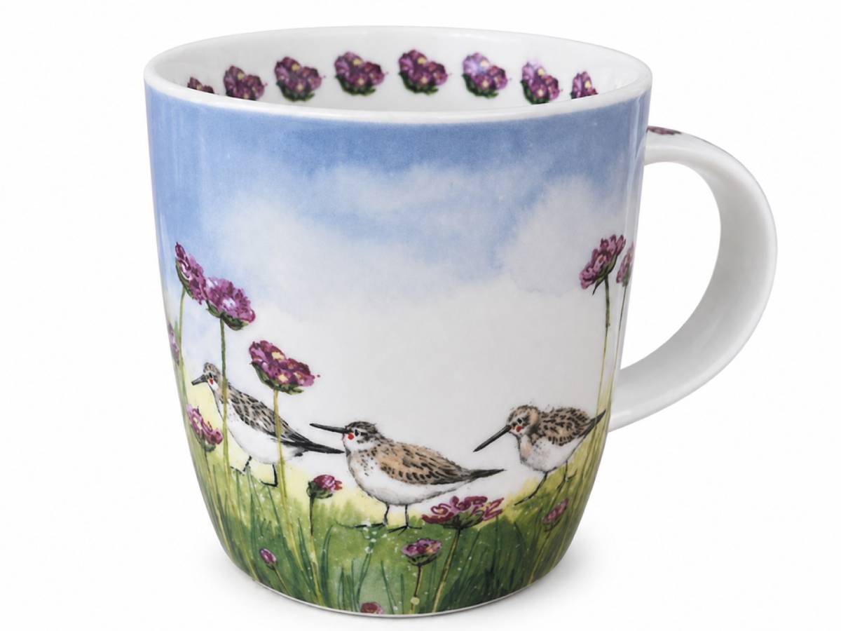 Alex Clark Dunlin and Thrift Mug in vegan china, decorated with coastal birds and pink wildflowers. A perfect treat for birdwatchers and nature lovers.