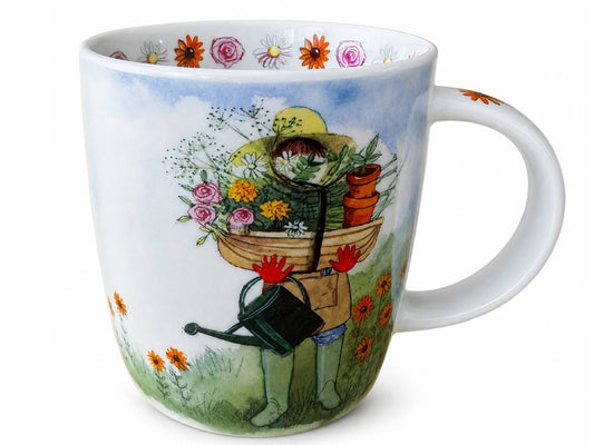 Alex Clark Flower Garden Mug in vegan china, decorated with bright flowers and cheery gardening details. A lovely gift for gardeners and flower lovers.