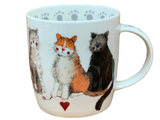 The Alex Clark mug is adorned with an array of mischievous-looking furry cats in its illustration. Adding to its charm, the mug features cat paw illustrations around the inside rim and down the handle.