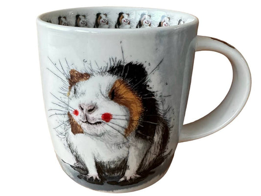 A white ceramic mug featuring a detailed illustration of a guinea pig on the front, with a repeating pattern of the same guinea pig design around the inner rim.