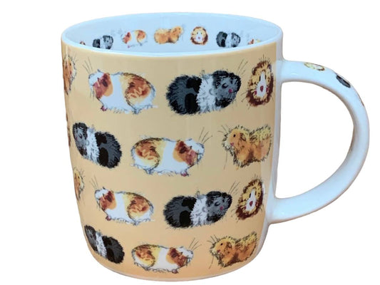 The Alex Clark mug is adorned with numerous delightful and cheerful guinea pigs all over it. Adding to its charm, the mug features an illustration around the inside rim and illustrations down the handle.