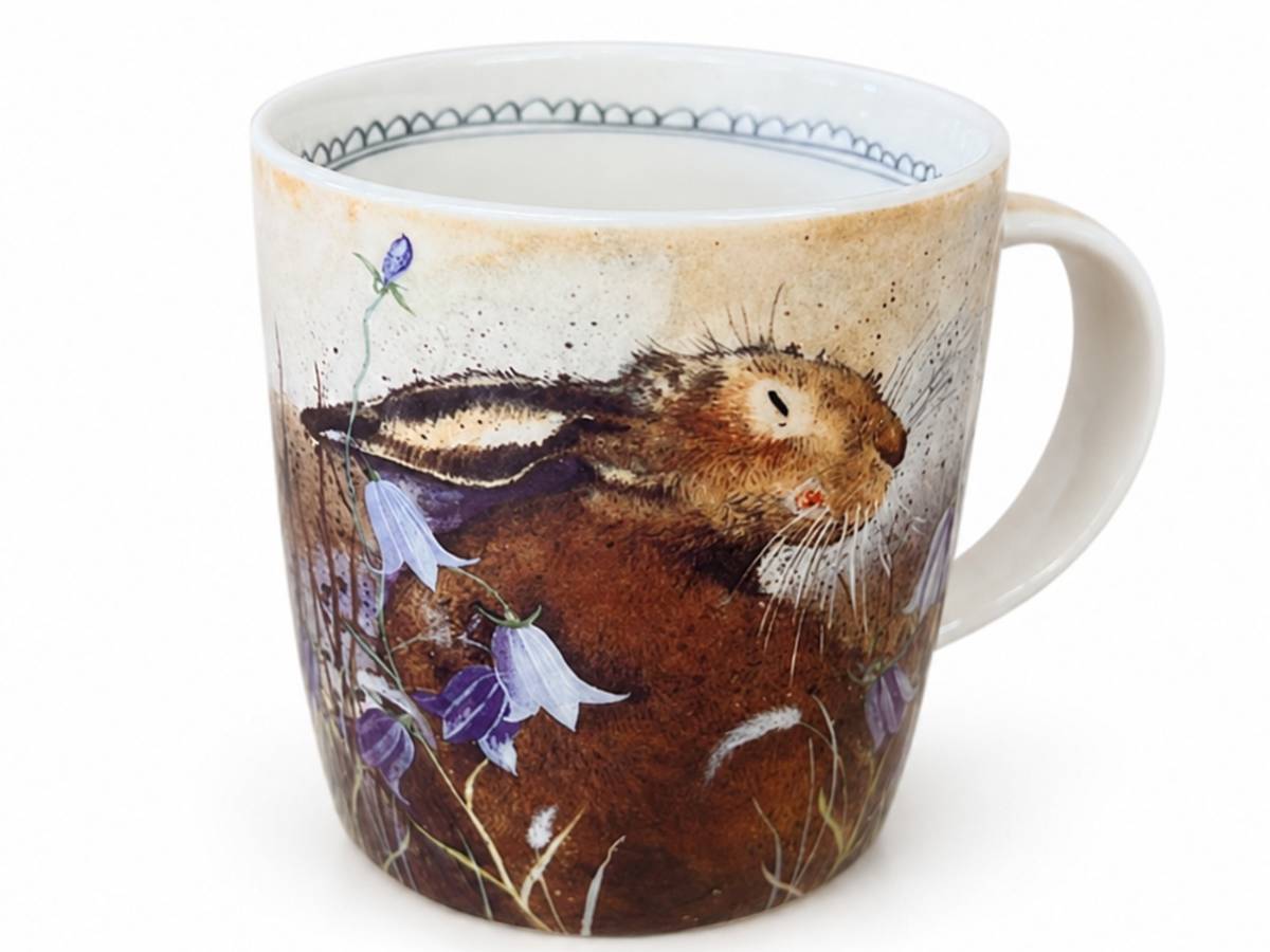 Alex Clark Hare and Harebells Mug in vegan china, decorated with a hare and graceful purple flowers. A delightful treat for wildlife and nature lovers.