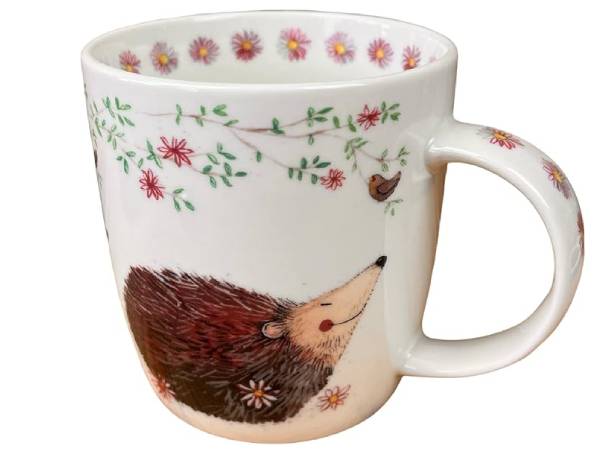 Alex Clark Hedgehog Mug in vegan china, decorated with an adorable hedgehog and pretty floral details. A charming treat for wildlife and nature lovers.
