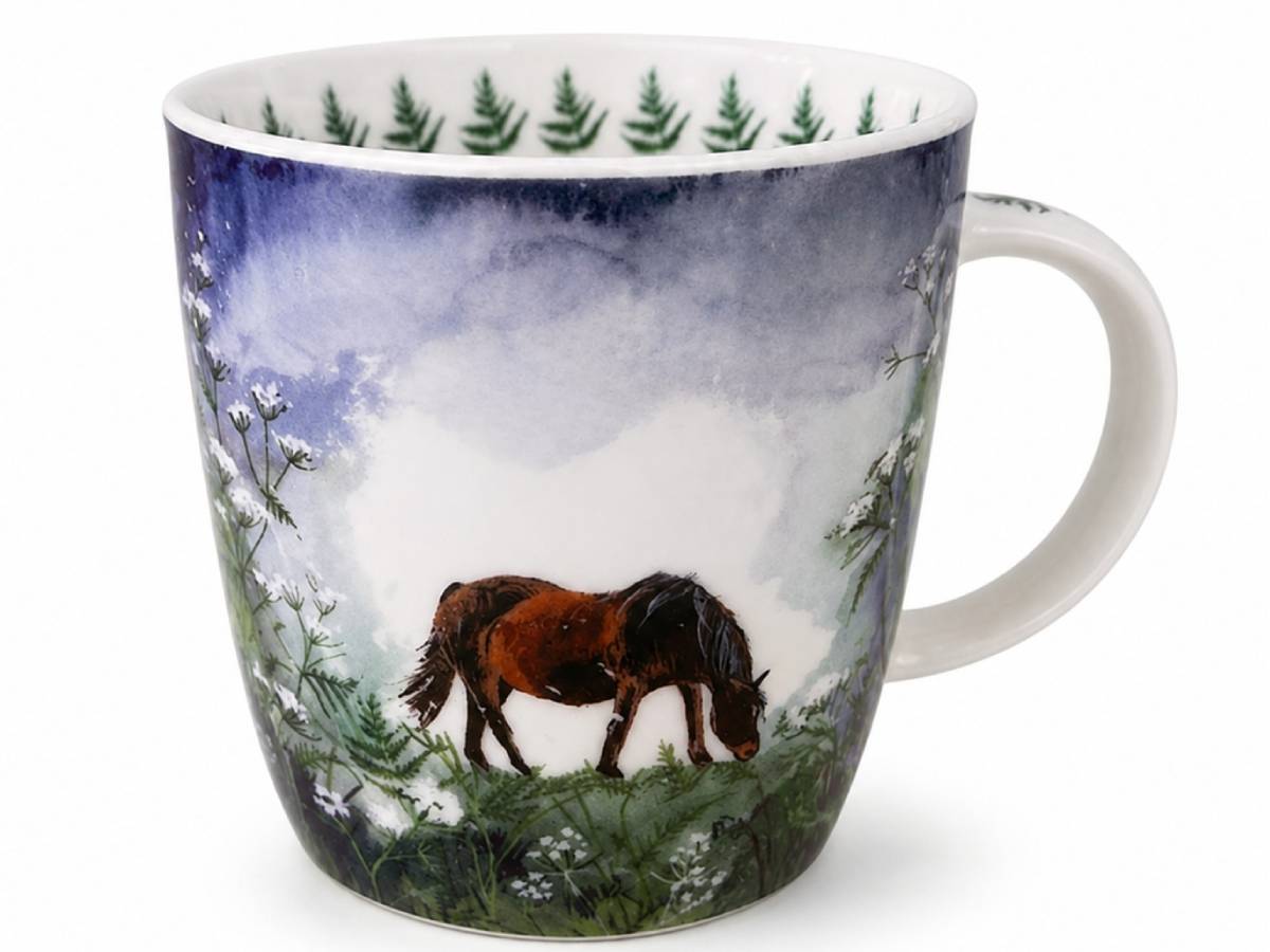 Alex Clark Horse and Cow Parsley Mug in vegan china, decorated with a horse, white blooms and a moody sky. A perfect treat for horse and nature lovers.