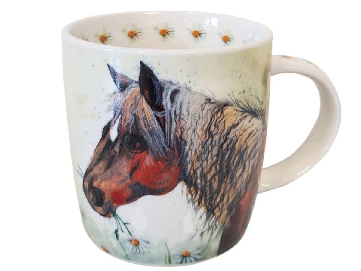 equestrian beauty with the Alex Clark Horse and Flowers Mug, a vegan china cup featuring an expressive horse portrait, flowing mane and delicate daisies.